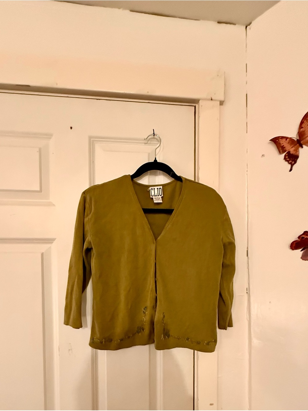 Clio Vintage Olive Green Women's Cardigan Floral Embroidered Silk and Cotton